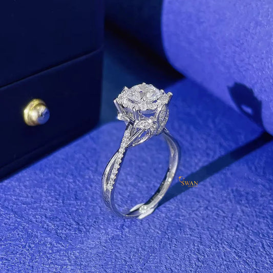 Round Cut Solitaire Halo Moissanite Engagement Ring in 925 Sterling Silver with Pavé Band Elegant Bridal Jewelry Gift for Her swandiamond