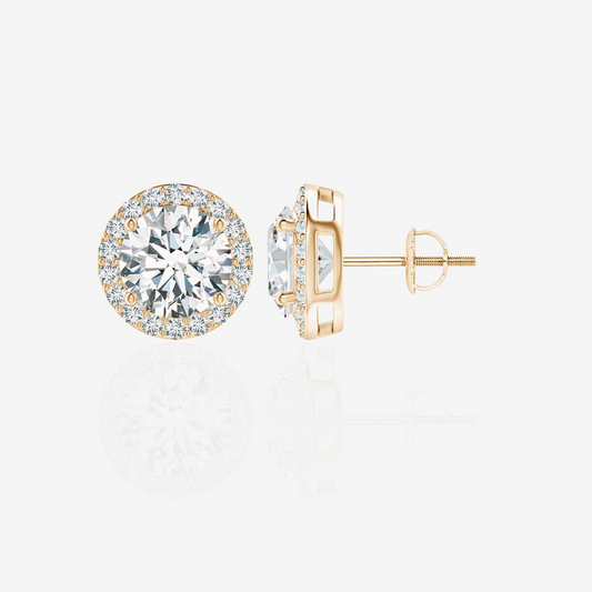 Round Cut Lab Grown Diamond Halo Stud 14k Gold Earrings