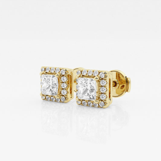 Princess Cut Lab Grown Diamond Halo Stud 18k Gold Earrings