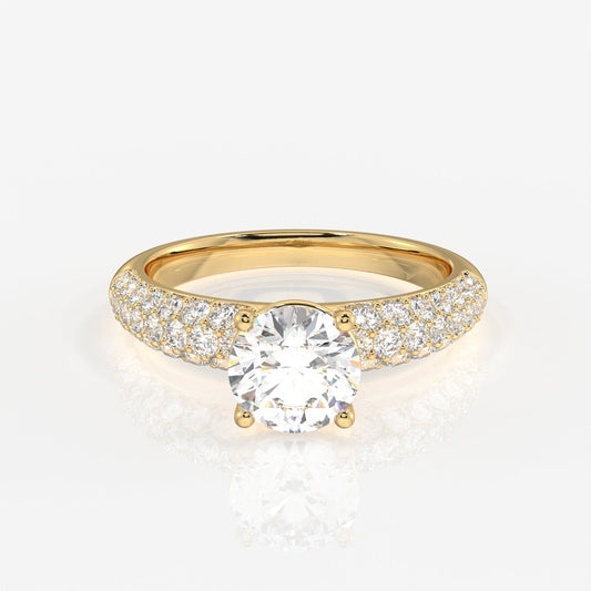 Round Cut Moissanite Diamond Three lane Pave 14k Gold Ring